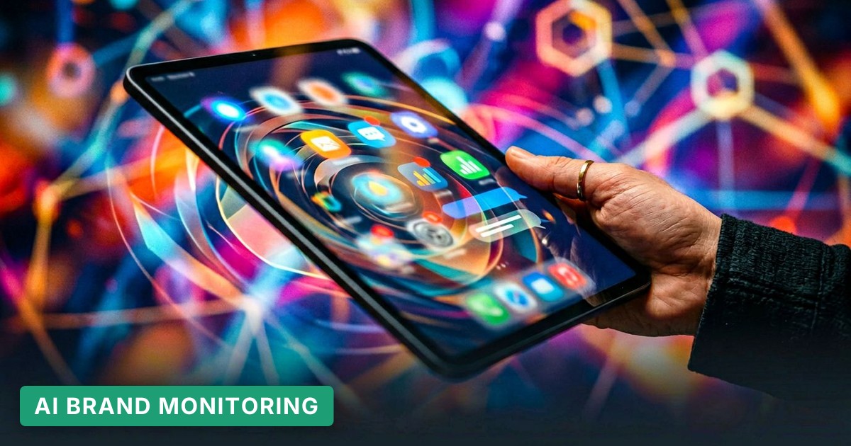 A marketer’s hand holds a tablet displaying blurred notifications and chat bubbles amid swirling digital lights.