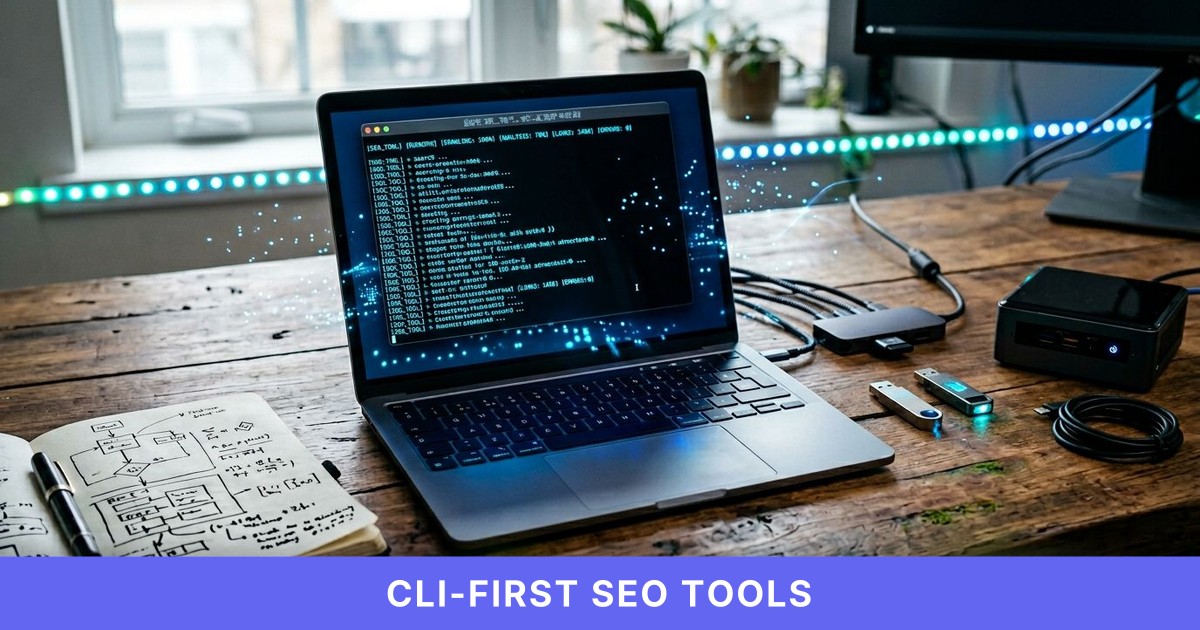 A developer’s laptop displays a glowing terminal window, surrounded by tech gadgets on a wood desk with cyan accents.