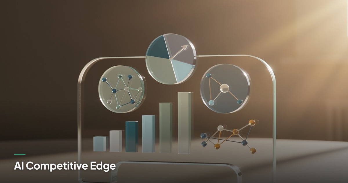 A transparent acrylic dashboard with competitor analytics icons glows warmly on a sunlit tabletop.