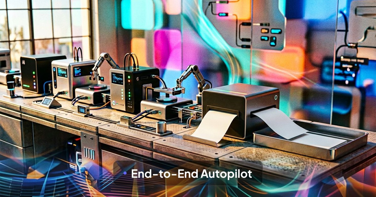 A futuristic workstation with AI devices and robotic arms automatically publishing a printed blog post.