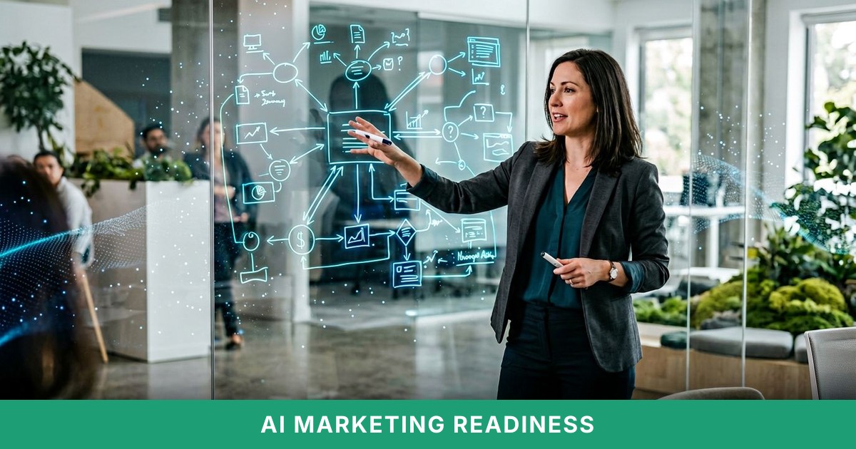 A marketing strategist presents AI-driven plans on a glass wall covered with glowing diagrams in a modern workspace.