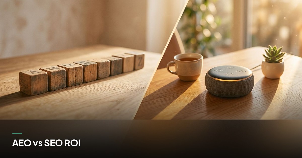 A diagonal split shows vintage keyword blocks on one side and a voice assistant in golden sunlight on the other.