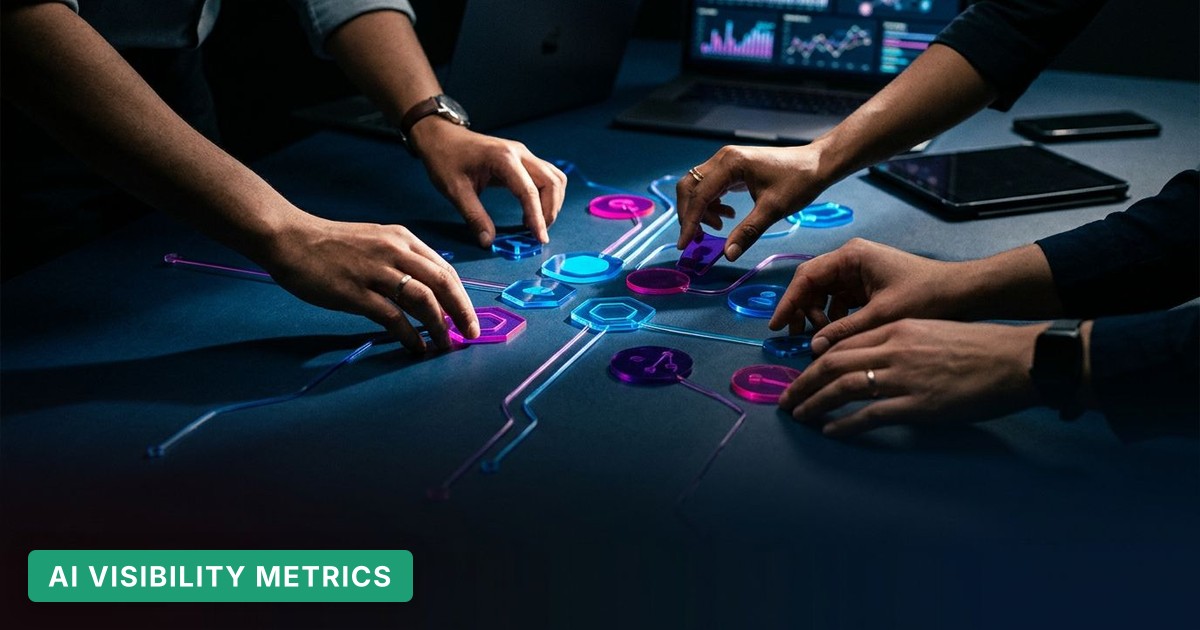 Several hands arrange glowing acrylic tokens and wires on a dark desk, suggesting collaborative AI market tracking.