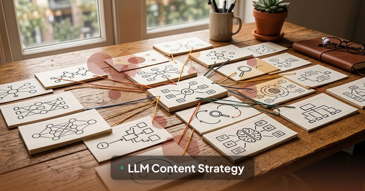 A designer’s workspace shows interconnected cards with abstract icons, visually representing AI search optimization techni...