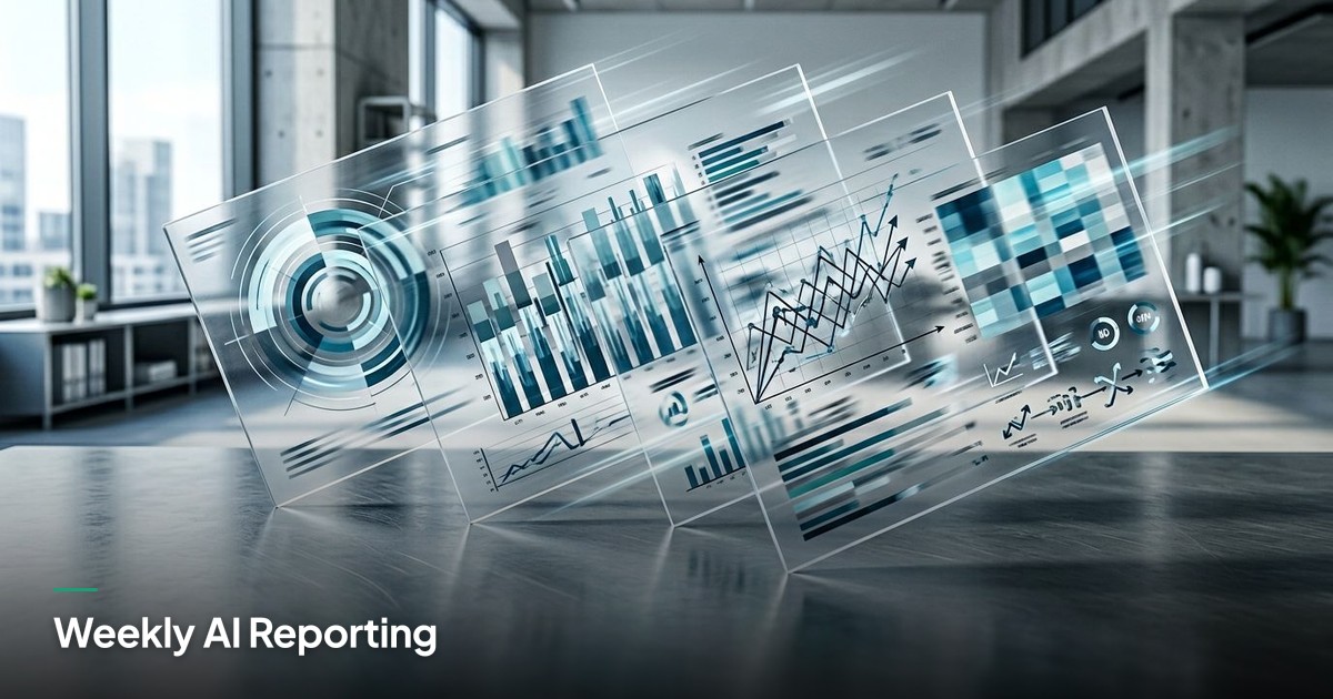 Layered acrylic sheets display blurred blue-gray data charts on a sleek table, evoking fast-paced AI analysis.