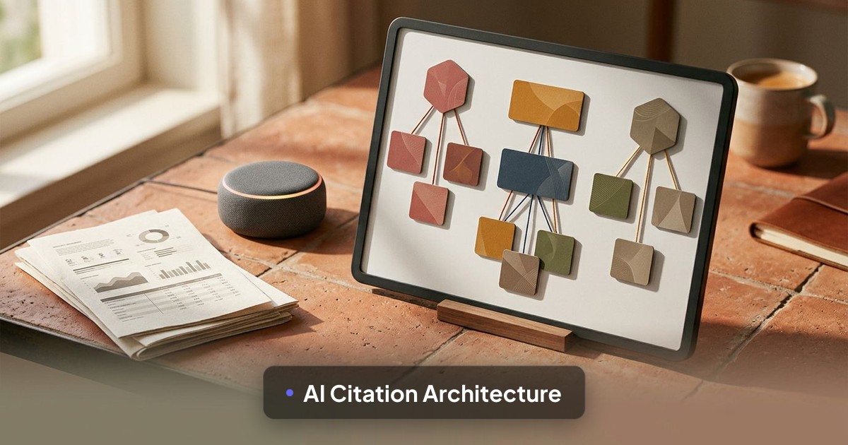 A modern whiteboard shows clustered topic cards linked by colored lines beside a smart speaker and dataset printout.