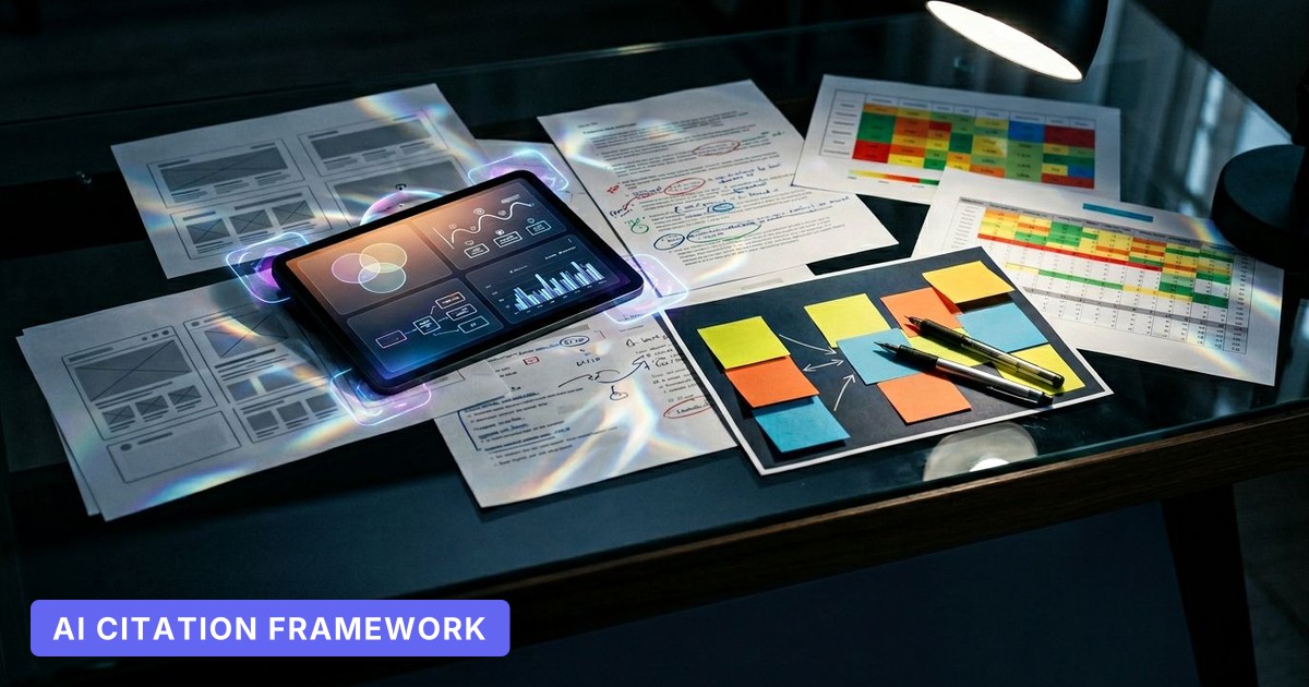 A dramatic tabletop scene shows AI blog analysis tools, competitor screenshots, and audience segmentation diagrams.