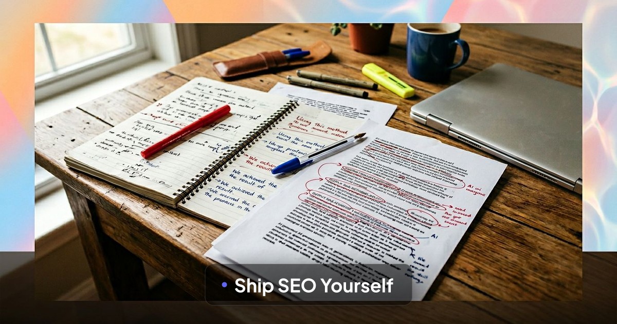 A notepad with editing marks and AI-generated drafts sits among colored pens and a laptop on a softly lit table.