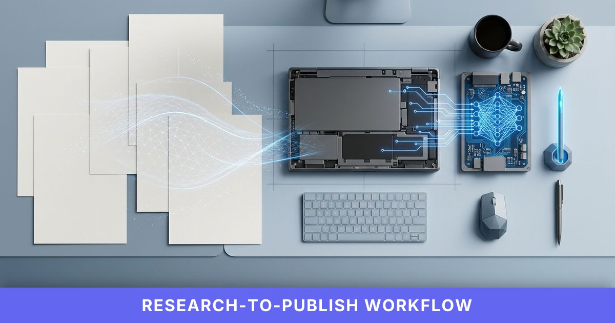 A sleek laptop with AI-inspired tools and blank papers sits on a cool-toned desk, connected by digital blue overlays.