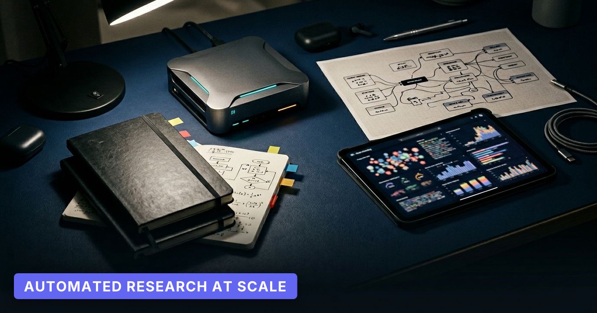 A moody workspace features an AI device, technical notebooks, and a tablet arranged under a dramatic desk lamp.