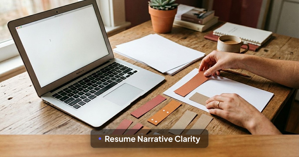 A softly lit workspace shows a laptop and blank sheets as resume sections are arranged with creative paper cut-outs.