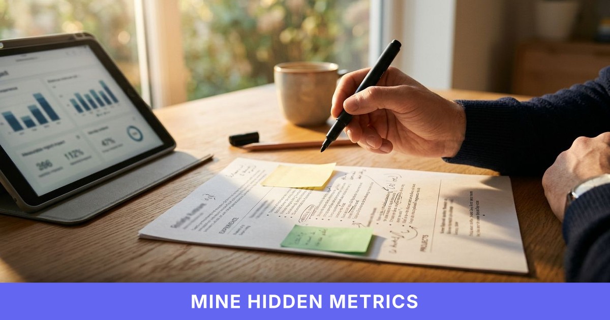 A hand hovers over a resume draft with highlighted bullet points on a sunlit desk, implying achievement and impact.