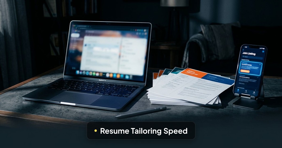 A glowing laptop, resumes, and a smartphone with a blurred job listing sit on a shadowed desk beside an AI stylus.