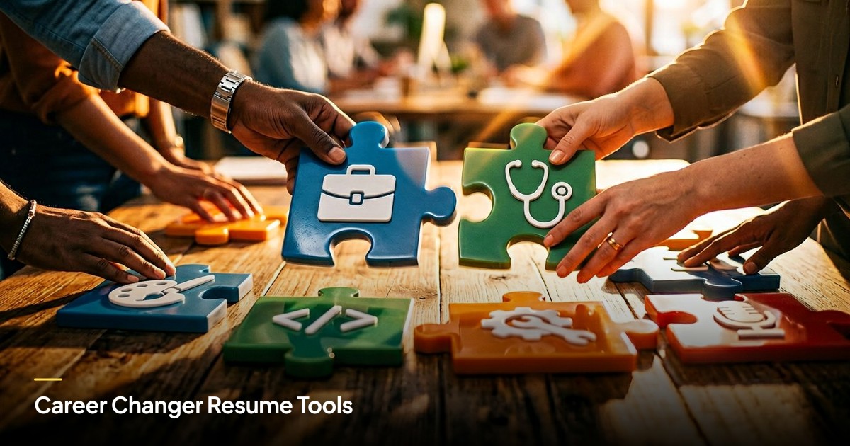Several hands work together to connect large puzzle pieces with icons for different careers on a sunlit wooden table.