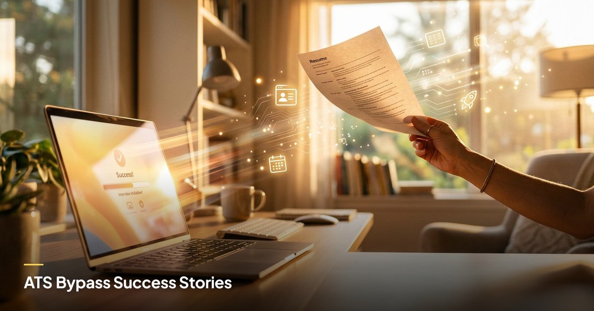 A hand triumphantly lifts a resume in a sunlit home office, with a glowing laptop symbolizing ATS success and progress.