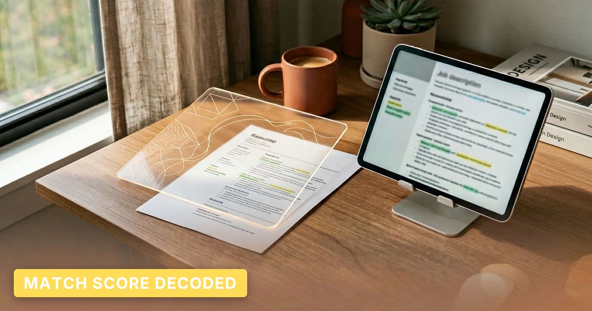 A resume with highlighted keywords sits beside a tablet showing a job description in a sunlit, modern workspace.