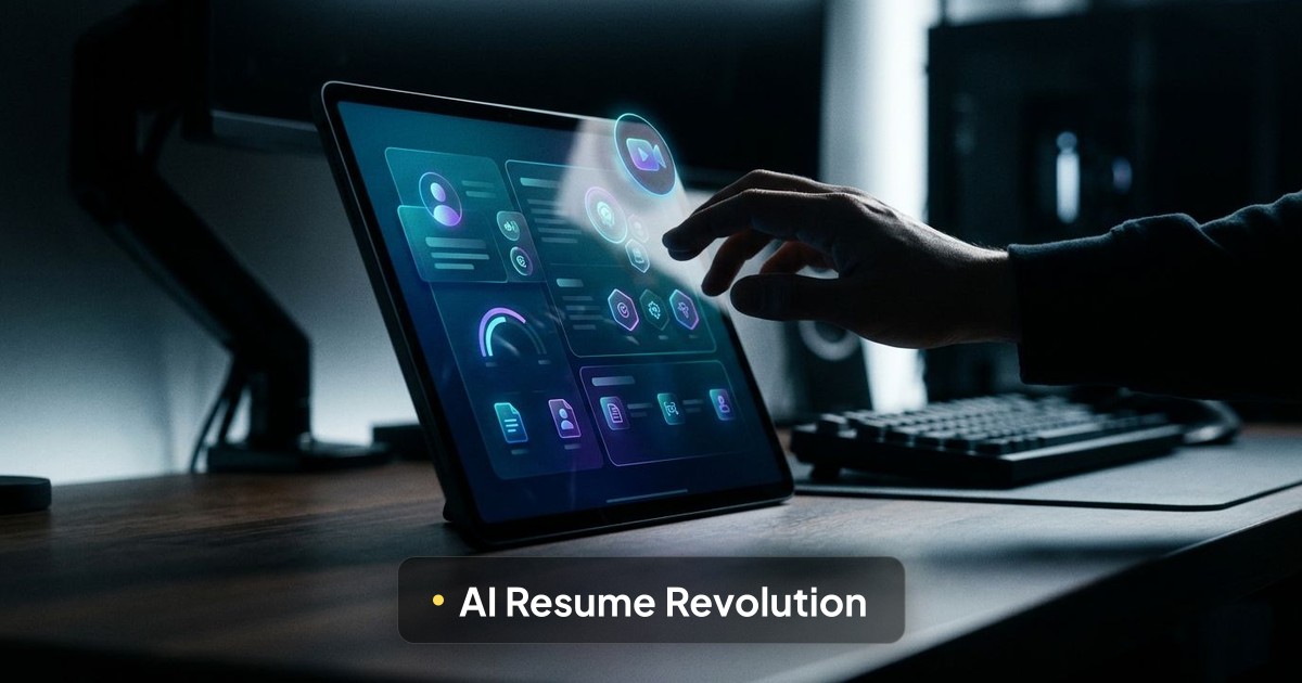 A hand interacts with a glowing digital tablet displaying futuristic AI resume tools in a dramatic, modern workspace.