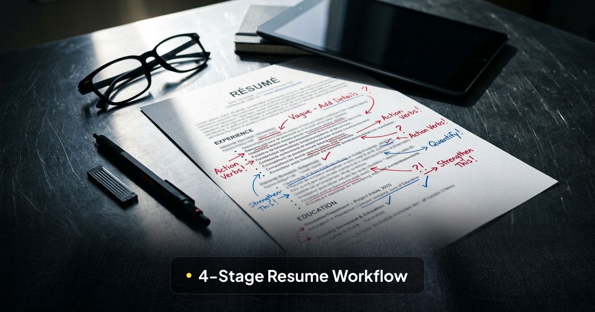 A marked-up resume covered in handwritten feedback sits on a dark table with glasses, a pencil, and a tablet.