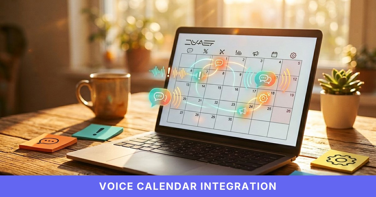A sunlit desk with an open laptop showing a digital calendar and floating icons for AI-driven brand voice adjustments.