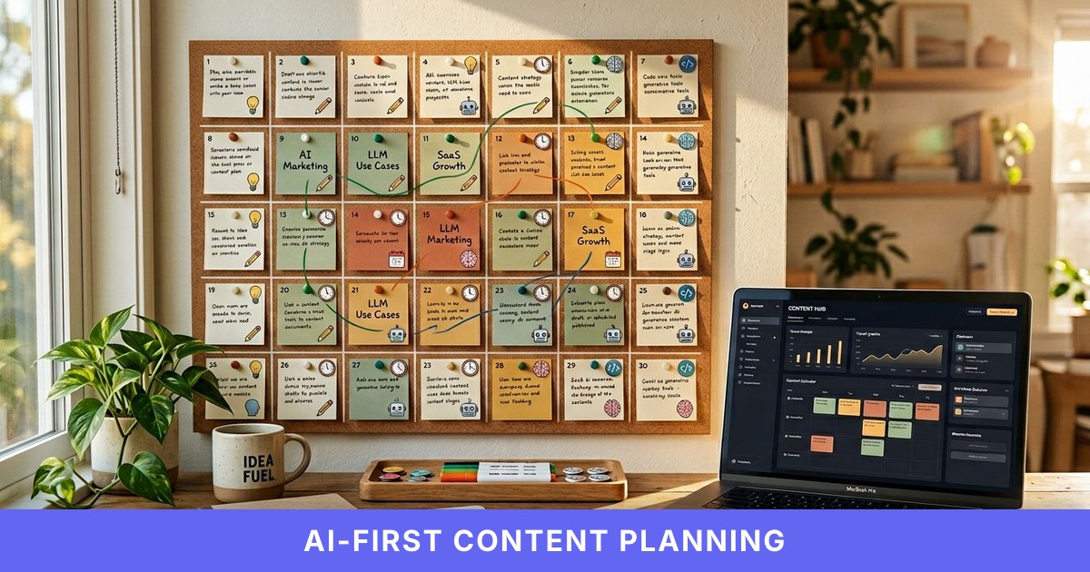 A sunlit desk shows a 30-day corkboard planner with sticky notes, AI tokens, and a glowing SaaS dashboard on a laptop.