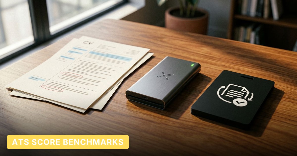 A stack of annotated CVs, a futuristic AI resume gadget, and an ATS symbol card sit on a sunlit, warm-toned desk.