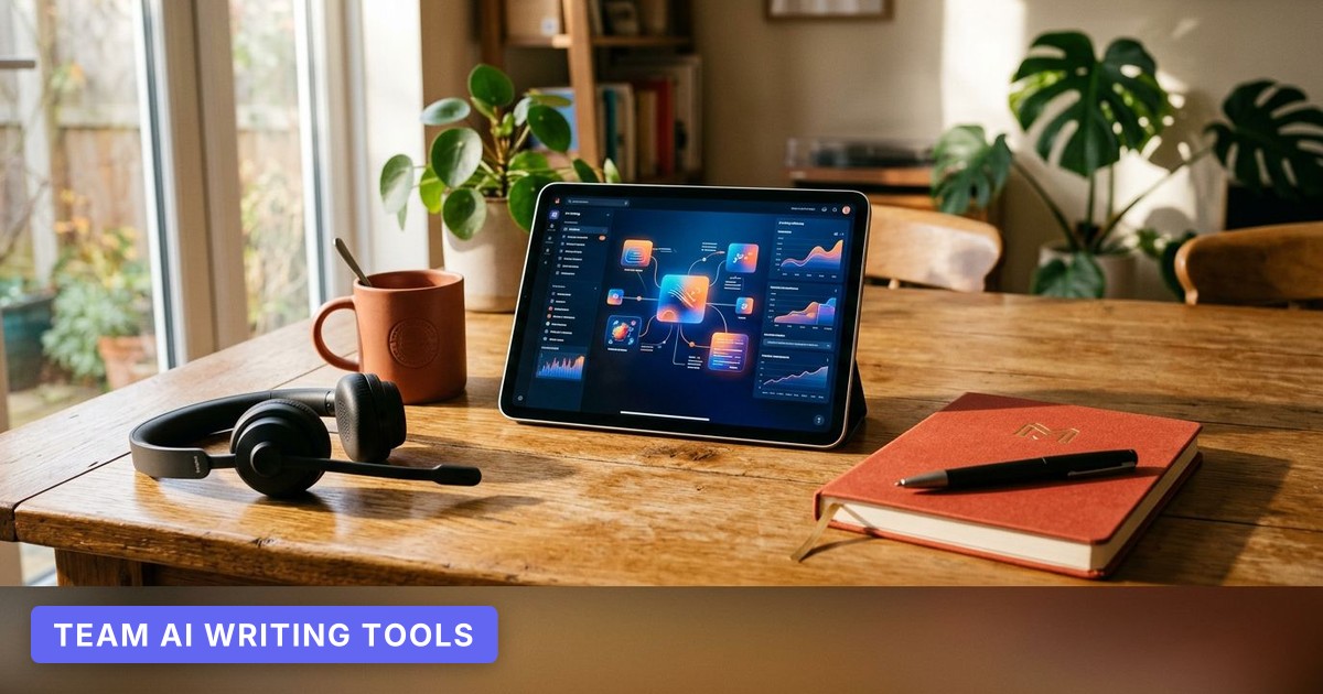 A sunlit workspace table holds a headset, tablet, and notebook, suggesting collaborative AI blog writing in 2026.