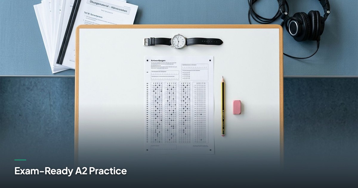 An organized exam desk holds a marked answer sheet, pencil, watch, and German practice papers with headphones nearby.