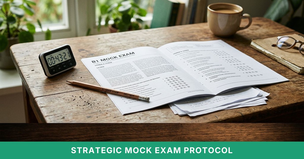 A tidy study table holds a B1 mock exam printout, a pencil, timer, and coffee cup, suggesting focused test preparation.
