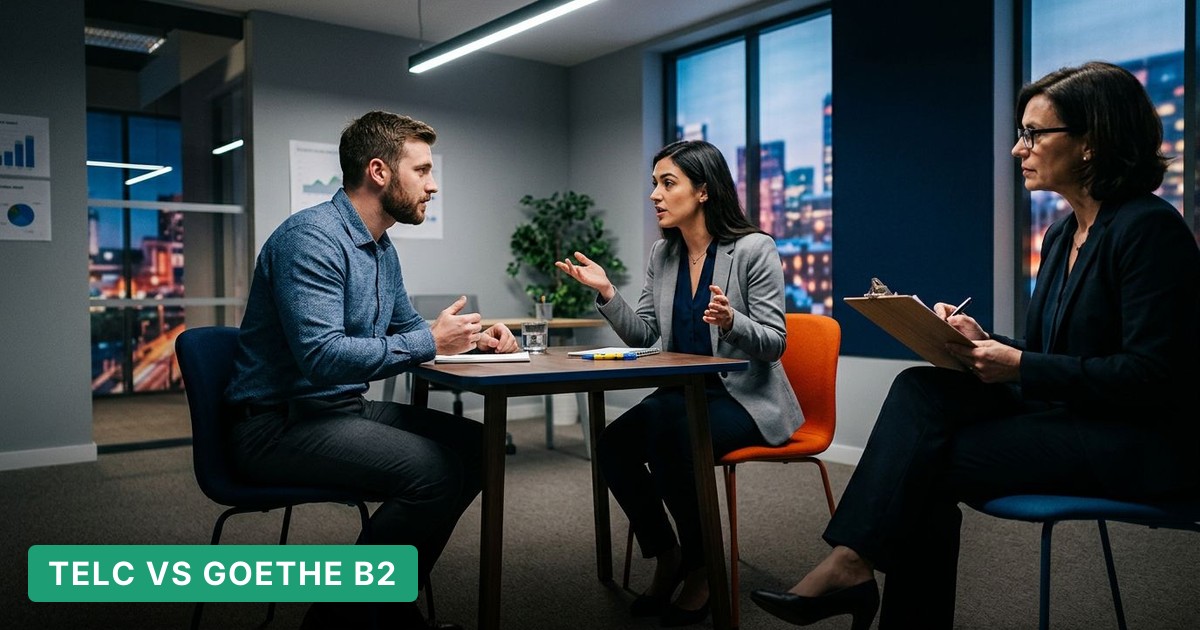 Two candidates exchange ideas at a small table while an examiner observes, all in a modern, dramatic exam room setting.