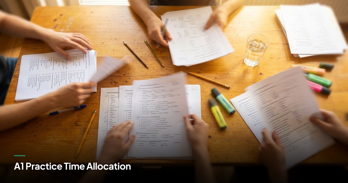A sunlit table holds shuffled German A1 practice sheets, colorful highlighters, and pencils in a lively study scene.