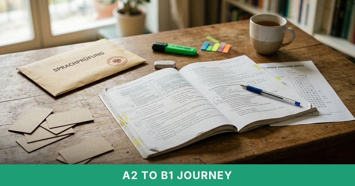 A German workbook with handwritten notes, flashcards, and a mug sits on a well-used desk during exam preparation.